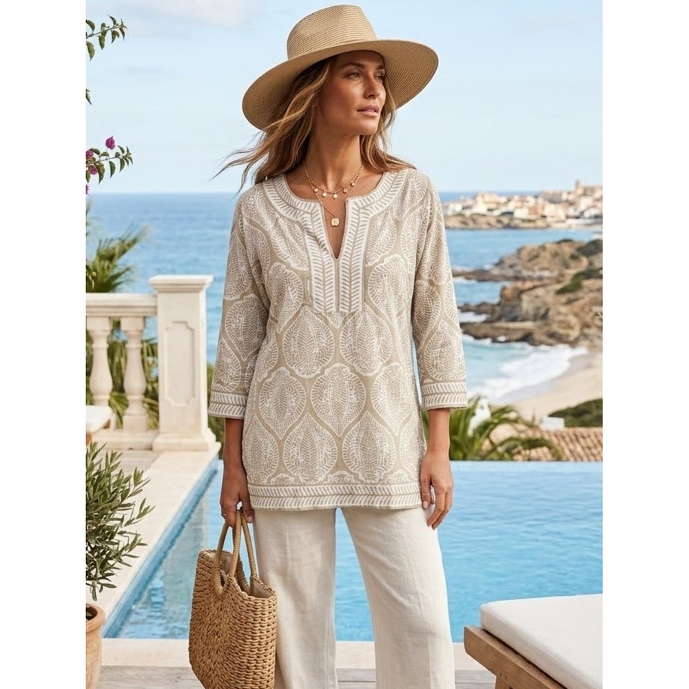 Gretchen Scott Flora Embroidered Tunic Top S Coastal Elevated Neutral Luxury